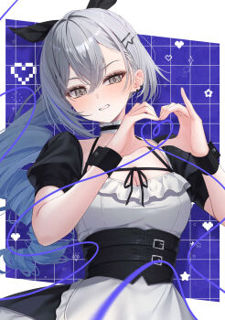 1girl alternate_costume breasts cleavage commentary_request drill_hair drill_ponytail enmaided floating_hair grey_eyes grey_hair hair_between_eyes hands_up heart heart_hands highres honkai:_star_rail honkai_(series) long_hair looking_at_viewer maid parted_lips sakuno_(sksk_sakuno) short_sleeves silver_wolf_(honkai:_star_rail) solo upper_body