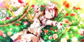 1girl absurdres alternate_hairstyle artist_name artist_request back_bow bare_legs blush bow bowtie braid breasts brown_eyes capelet detached_collar dress epaulettes feathers female_focus fingerless_gloves floral_print flower flower_print flower_symphony_(love_live!) gloves grass hair_between_eyes hair_flower hair_ornament hairclip hat hat_feather hat_flower highres hug leg_tattoo long_braid long_hair long_sleeves looking_at_viewer love_live! love_live!_school_idol_festival love_live!_school_idol_festival_all_stars love_live!_sunshine!! on_grass orange_eyes pants parted_lips pink_detached_collar pink_flower pink_shirt red_flower red_hair red_petals roman_numeral sakurauchi_riko sash shirt shorts single_braid sleeve_cuffs small_breasts smile solo striped_bow striped_clothes striped_shirt sunlight tattoo teeth vertical-striped_clothes vertical-striped_shirt watch white_bow white_capelet white_dress white_feathers white_gloves white_hat white_pants white_shorts yellow_eyes