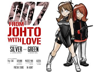 007 1boy 1girl ahoge arms_at_sides baggy_pants bare_shoulders black_dress blue_eyes boots breasts brown_hair cameo character_name convenient_censoring dress earrings english_text eyelashes full_body gloves green_(pokemon) grey_eyes gun hair_between_eyes height_difference high_heel_boots high_heels highres holding holding_gun holding_poke_ball holding_weapon holster james_bond_(series) jewelry knee_boots knees legs long_hair long_sleeves looking_at_viewer luxury_ball medium_breasts medium_hair nintendo pants parody parted_bangs pendant pilosophos poke_ball pokemon pokemon_adventures red_hair side_slit sidelocks silver_(pokemon) sleeveless sleeveless_dress smile suppressor swept_bangs thigh_holster thighs tight_clothes tight_dress torn_clothes torn_dress turtleneck turtleneck_dress weapon white_background white_boots white_gloves