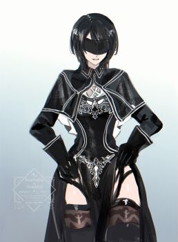 10h_(nier_reincarnation) 10h_(nier_reincarnation)_(cosplay) 1girl black_capelet black_dress black_gloves black_hair black_thighhighs blindfold capelet commentary_request company_connection cosplay cowboy_shot dress final_fantasy final_fantasy_vii final_fantasy_vii:_ever_crisis gloves gradient_background helen_(helen2210hk) highres nier_(series) nier_reincarnation official_alternate_costume parted_lips pelvic_curtain short_hair solo thighhighs yuffie_kisaragi yuffie_kisaragi_(savior_ensemble)