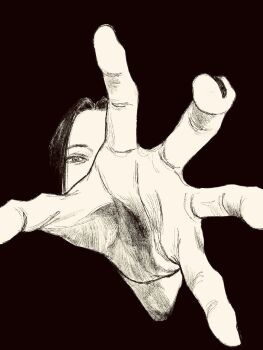 1girl black_background black_hair black_nails greyscale highres long_hair looking_at_viewer monochrome open_hand original reaching reaching_towards_viewer solo tp_p_pt