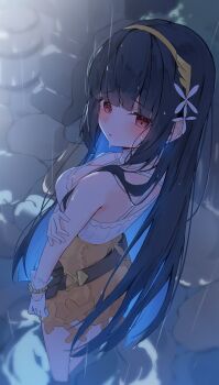 1girl absurdres black_hair blue_shrug blunt_bangs blush bracelet breasts chisei259 cleavage colored_inner_hair commentary_request dress extra_pupils from_behind furrowed_brow gloves hairband highres jewelry long_hair long_sleeves looking_at_viewer looking_to_the_side medium_breasts multicolored_hair nazuka_(stella_sora) open_mouth orange_dress outdoors rain red_eyes short_dress shrug_(clothing) sleeveless solo standing stella_sora turning_head two-tone_dress very_long_hair water_drop wet white_gloves