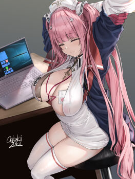 1girl alternate_costume areola_slip arms_up artist_name azur_lane breasts chair cleavage closed_eyes closed_mouth clothes_writing collared_dress computer desk dress gloves hair_ornament hat highres id_card jacket laptop large_breasts long_hair long_sleeves microsoft_windows no_bra nurse_cap oekakizuki on_chair open_clothes open_jacket pen perseus_(azur_lane) perseus_(unfamiliar_duties)_(azur_lane) pink_hair red_gloves sitting solo stretching thighhighs thighs very_long_hair white_dress white_thighhighs windows_10
