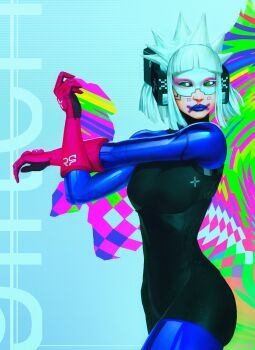 1girl absurdres android black_bodysuit blue_bodysuit blue_lips bodysuit commentary cowboy_shot english_commentary eye_mask gabriel_flauzino gloves green_eyes highres marathon_(2026) marathon_(series) mask multicolored_bodysuit red_gloves solo stretching two-tone_bodysuit vandal_(marathon) white_hair white_mask x_mark