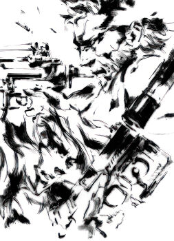 2boys absurdres aiming assault_rifle bandana casing_ejection close-up closed_mouth firing from_side gloves greyscale gun h&amp;k_mark_23 handgun handle highres holding holding_gun holding_weapon laser laser_pointer_projection laser_sight looking_ahead m4_carbine male_focus metal_gear_(series) metal_gear_solid_2:_sons_of_liberty monochrome multiple_boys official_art raiden_(metal_gear) rifle serious shell_casing shinkawa_youji short_hair simple_background sketch solid_snake suppressor upper_body weapon