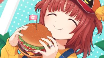 Rule 34 | 1girl, ^ ^, akino kaede, alternate costume, baseball cap, burger, closed eyes, closed mouth, commission, cosplay, cup, disposable cup, dr. slump, eating, facing viewer, flag, food, french fries, hair ornament, hands up, hat, highres, holding, holding burger, holding food, itou (ankocha-mgmg), jewelry, leaf hair ornament, long hair, long sleeves, magia record: mahou shoujo madoka magica gaiden, mahou shoujo madoka magica, mini flag, norimaki arale, norimaki arale (cosplay), polka dot, polka dot background, red hair, ring, skeb commission, smile, solo, sweater, table, translation request, two side up, upper body, yellow sweater