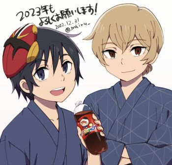 2boys black_hair blonde_hair blue_kimono boku_dake_ga_inai_machi bottle brown_eyes brown_hair closed_mouth collarbone commentary_request dated fujinuma_satoru hands_in_opposite_sleeves holding holding_bottle japanese_clothes kimono kobayashi_kenya mairu_(582284310) mask mask_on_head multiple_boys open_mouth short_hair translation_request twitter_username