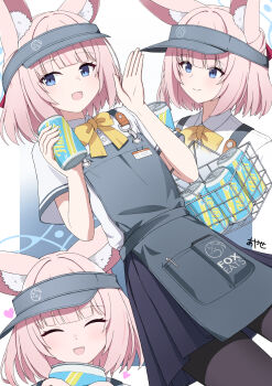 1girl animal_ear_fluff animal_ears apron artist_name ayana_ayase black_pantyhose black_skirt blue_archive blue_eyes blue_halo bow bowtie can character_name closed_mouth fox_ears fox_girl grey_apron halo heart highres holding holding_can looking_at_viewer niko_(blue_archive) pantyhose pink_hair pleated_skirt shirt short_sleeves skirt smile solo visor_cap white_shirt yellow_bow yellow_bowtie