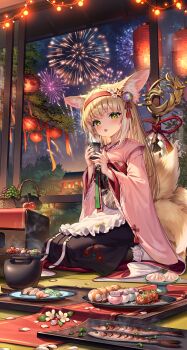 Rule 34 | 1girl, absurdres, aerial fireworks, animal ears, apron, arknights, artist request, black hakama, blonde hair, chinese commentary, colored tips, commentary request, commission, cup, fireworks, food, food request, fox ears, fox girl, fox tail, frilled apron, frills, green eyes, hairband, hakama, highres, holding, holding cup, japanese clothes, kimono, kitsune, kyuubi, long hair, long sleeves, looking at viewer, multicolored hair, multiple tails, official alternate costume, open mouth, pink kimono, pinwheel, red hairband, second-party source, seiza, sitting, skirt, socks, solo, suzuran (arknights), suzuran (yukibare) (arknights), tail, waist apron, white apron, white hair, white socks, wide sleeves, yagasuri, yunomi