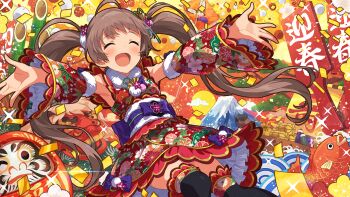 Rule 34 | 1girl, :d, ahoge, bamboo, blush, brown hair, closed eyes, commentary request, confetti, daruma doll, detached sleeves, fish, floral print, game cg, hakozaki serika, idolmaster, idolmaster million live!, idolmaster million live! theater days, japanese clothes, long hair, mountain, official alternate costume, official art, open mouth, outstretched arms, sleeveless, smile, solo, thighhighs, third-party source, twintails