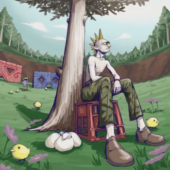 2boys baby_animal bag bird blank_eyes blonde_hair blue_sky boots bremen_mask chick crate cucco dated full_body grass grog_(zelda) gus_uur hat highres link looking_at_another mohawk multiple_boys nintendo outdoors sack shield shield_on_back sitting sky the_legend_of_zelda the_legend_of_zelda:_majora's_mask topless_male tree tunic