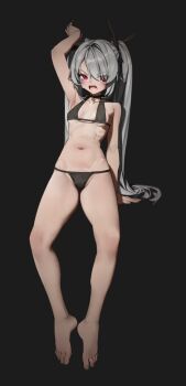 1girl bare_legs barefoot bikini black_background blue_archive blush breasts collar commentary_request dark_skin feet grey_hair groin hair_ribbon highres iori_(blue_archive) legs long_hair medium_breasts open_mouth pointy_ears red_eyes ribbon shulanshu simple_background solo stomach swimsuit tan twintails very_long_hair