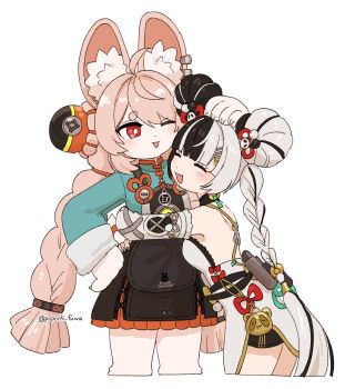 2girls ahoge animal_ear_fluff animal_ear_piercing animal_ears aqua_nails bare_shoulders black_hair black_shorts blush braid braided_twintails breasts bright_pupils china_dress chinese_clothes closed_eyes detached_sleeves dialyn_(zenless_zone_zero) dress from_side furry furry_female green_shirt hair_extensions hair_ornament hairclip hand_on_another&#039;s_head hand_on_own_hip highres hug long_hair medallion multicolored_hair multicolored_nails multiple_girls one_eye_closed open_mouth panda_hair_ornament pink_fur pink_hair popochi_fuwa rabbit_ears rabbit_girl red_eyes red_nails ring_hair_extensions screw shirt short_eyebrows shorts simple_background small_breasts split-color_hair thick_eyebrows twitter_username white_background white_dress white_hair white_pupils wire zenless_zone_zero zhao_(zenless_zone_zero)