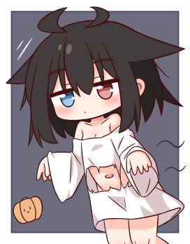 1girl bare_shoulders black_hair blue_eyes blush border breasts cleavage closed_mouth collarbone commentary_request cowboy_shot grey_background hana_kazari heterochromia highres long_sleeves navel no_pants original outside_border red_eyes revision shirt short_hair simple_background solo torn_clothes torn_shirt white_border white_shirt