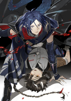 Rule 34 | 2boys, 676643396dolce, absurdres, animal ears, arknights, arm guards, black background, black cape, blood, blue hair, blue pants, braid, brown hair, brown shirt, cape, chinese commentary, collared shirt, commentary request, cow boy, cow ears, cow horns, gloves, grey eyes, highres, horns, long hair, looking at viewer, lower teeth only, lying, male focus, multiple boys, on back, open mouth, pants, pinned, pointy ears, protecting, red cape, shadow, shirt, sleeves rolled up, snake tail, tail, teeth, two-sided cape, two-sided fabric, two-tone background, very long hair, wan qing (arknights), white background, white gloves, white shirt, yaoi, yellow eyes, zuo le (arknights)