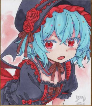 1girl alternate_costume back_bow bat_wings black_dress black_hat blue_hair blush bow commentary_request dress fang flower hat hat_flower hoshi_tea_party looking_at_viewer mob_cap open_mouth pointy_ears puffy_short_sleeves puffy_sleeves red_bow red_eyes red_flower red_rose remilia_scarlet rose shikishi short_sleeves signature sleeve_bow smile solo touhou traditional_media wings