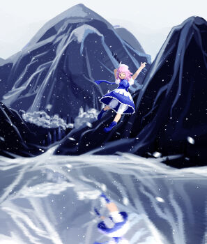 1girl bloomers blue_dress blue_eyes blue_scarf blue_socks closed_mouth dress floating frilled_dress frills furahata_gen hat highres ice letty_whiterock mountain no_shoes one_eye_closed purple_hair reflection scarf shirt short_hair short_sleeves smile snow snowing socks solo touhou tree underwear white_bloomers white_hat white_shirt