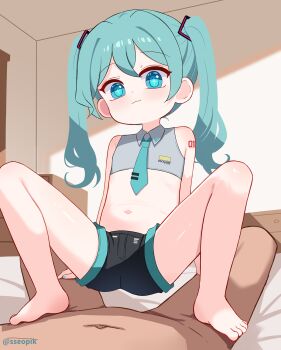1boy 1girl aged_down aqua_eyes aqua_hair aqua_necktie barefoot black_shorts closed_mouth commentary cropped_shirt flat_chest grey_shirt hatsune_miku highres indoors loli lying medium_hair navel necktie nude shirt shorts squatting sseopik twintails vocaloid