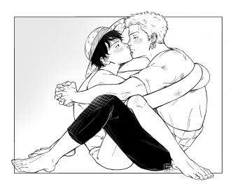 2boys barefoot black_border blush border dimigiri earrings elasticity eye_contact facial_scar full_body greyscale haramaki hat highres jewelry kiss looking_at_another male_focus monkey_d._luffy monochrome multiple_boys one_piece roronoa_zoro scar scar_on_cheek scar_on_face short_hair sideburns single_earring straw_hat extendable_limbs yaoi