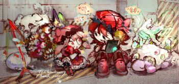 1other 2girls :o all-around_helper aoruuto bell black_eyes brown_hair brown_shoes capelet closed_eyes commission dog dress e.g.o_(project_moon) employee_(project_moon) fairy_festival fairy_wings fragment_of_the_universe full_body hair_bell hair_ornament hat heart highres holding holding_heart indoors jingle_bell laetitia_(e.g.o) laetitia_(project_moon) lobotomy_corporation long_sleeves looking_at_another multiple_girls nugget_(project_moon) open_mouth pink_capelet pink_dress pink_hat pink_shoes ppodae project_moon red_hair sheep shoes sitting skeb_commission sparkle thank_you twintails void_dream wings