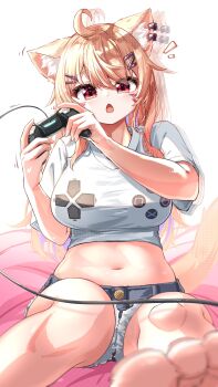 1girl absurdres afterimage ahoge animal_ear_fluff animal_ears barefoot blonde_hair breasts cat_ears cat_girl cat_tail controller crop_top cutoffs facial_mark game_controller game_controller_print highres holding holding_controller holding_game_controller indie_virtual_youtuber long_hair looking_at_viewer medium_breasts midriff navel open_mouth red_eyes second-party_source shorts shyrei_faolan solo tail u_da_desu virtual_youtuber whisker_markings