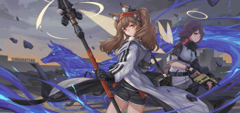 2girls angel angelina_(arknights) animal_ears arknights artist_name black_gloves black_shirt black_shorts brown_hair building cityscape clothing_cutout cloud coat commentary_request detached_wings earpiece energy_wings exusiai_(arknights) fingerless_gloves floating_clothes fox_ears fox_girl glove_cutout gloves gun hairband halo highres holding holding_gun holding_staff holding_weapon jacket kriss_vector long_hair long_sleeves looking_at_viewer multiple_girls off_shoulder open_clothes open_coat open_jacket orange_eyes originium_arts_(arknights) outdoors red_hair red_hairband red_jacket shirt short_hair short_shorts shorts sima_naoteng skyscraper smile staff striped_clothes striped_hairband submachine_gun sunrise traditional_halo trigger_discipline twintails two-tone_hairband unzipped weapon white_coat wide_shot wings yellow_halo