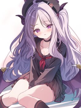 1girl :d alternate_costume black_choker black_serafuku black_skirt black_socks blue_archive blush choker collarbone commentary_request cosplay cutlass_(classic_chocolate) demon_girl demon_horns demon_wings forehead hat head_tilt highres hina_(blue_archive) horns justice_task_force_member_(blue_archive) justice_task_force_member_(blue_archive)_(cosplay) kneehighs loli long_hair long_sleeves looking_at_viewer neckerchief open_mouth parted_bangs parted_lips pleated_skirt red_neckerchief school_hat school_uniform serafuku sidelocks simple_background sitting skirt smile socks solo v_arms wariza wavy_hair white_background wings