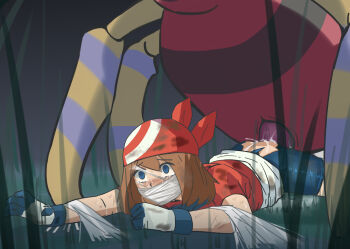 1girl anal ariados bandana bestiality bike_shorts blue_eyes blush bound brown_hair bug crying crying_with_eyes_open cum dirty dirty_clothes empty_eyes gag gagged gen_2_pokemon gloves grass hetero lying may_(pokemon) nintendo on_stomach penis pokemon pokemon_(creature) pokemon_rse pokephilia prone_bone raitaroo rape restrained sex sex_from_behind silk spider_web streaming_tears tears torn_clothes