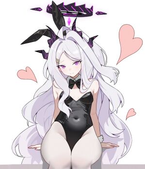 1girl ahoge alternate_costume animal_ear_hairband animal_ears arm_support bare_shoulders black_bow black_bowtie black_halo black_horns black_leotard blue_archive bow bowtie breasts chinese_commentary closed_mouth commentary_request covered_navel demon_girl demon_horns detached_collar fake_animal_ears hair_ornament hair_over_shoulder hairband hairclip halo head_tilt heart highleg highleg_leotard highres hina_(blue_archive) horns leotard light_blush loli long_hair looking_at_viewer missing_wings multiple_horns pantyhose parted_bangs playboy_bunny purple_eyes rabbit_ear_hairband rabbit_ears simple_background sitting small_breasts smile solo split_mouth strapless strapless_leotard very_long_hair white_background white_hair white_pantyhose white_wrist_cuffs wrist_cuffs xingyun_fankic