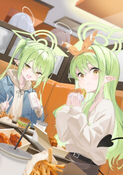 2girls :d alternate_costume belt black_belt blue_archive blurry blush burger casual closed_mouth commentary cowboy_shot cup demon_girl demon_tail denim denim_jacket depth_of_field disposable_cup eating eyelashes eyes_visible_through_hair fang food food_on_face french_fries green_hair green_halo hair_between_eyes hair_intakes hair_ribbon halo hands_up highres hikari_(blue_archive) hikari_(mom&#039;s_touch)_(blue_archive) holding holding_burger holding_cup holding_food indoors jacket long_hair long_sleeves looking_at_viewer multiple_girls no_headwear nozomi_(blue_archive) nozomi_(mom&#039;s_touch)_(blue_archive) official_alternate_costume open_clothes open_jacket open_mouth orange_ribbon pointy_ears puffy_long_sleeves puffy_sleeves ribbon siblings sidelocks sisters sitting skin_fang smile tail tenki_nori thick_eyebrows tsurime twins twintails upper_body v very_long_hair yellow_eyes