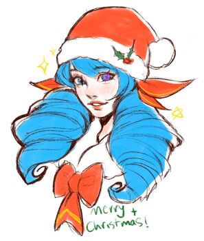 1girl bow bowtie commentary drill_hair english_commentary green_eyes gwen_(league_of_legends) hair_ribbon hat highres league_of_legends red_bow red_bowtie red_hat red_lips red_ribbon ribbon santa_hat sayomi_96 simple_background smile solo star-shaped_pupils star_(symbol) symbol-shaped_pupils teeth twin_drills twintails white_background