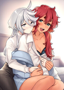2girls black_skirt blue_bra blue_eyes blush bra breasts cleavage closed_mouth commentary_request grey_eyes grey_hair gundam gundam_suisei_no_majo hand_on_another&#039;s_stomach highres long_hair miorine_rembran mitsu_(tendou_itsuki) multiple_girls open_clothes open_mouth open_shirt red_hair shirt skirt suletta_mercury thick_eyebrows underwear undressing_another white_shirt yuri