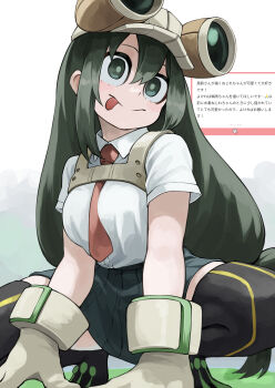 1girl absurdres asui_tsuyu between_breasts black_thighhighs blush boku_no_hero_academia breasts closed_mouth collared_shirt commentary_request fengling_(furin-jp) frog_girl gloves goggles goggles_on_head green_eyes green_hair hair_between_eyes highres large_breasts long_hair marshmallow_(site) medium_breasts necktie necktie_between_breasts red_necktie shirt skirt solo squatting thighhighs tongue tongue_out white_shirt