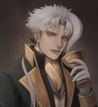 1boy alternate_hair_color arm_up ascot black_coat chalice closed_mouth coat collared_coat collared_shirt commentary cup english_commentary fangs gloves grey_eyes halloween highres holding holding_cup jojo_no_kimyou_na_bouken kakyoin_noriaki kookirani lapels male_focus parted_hair shirt sleeve_cuffs solo stardust_crusaders upper_body vampire vest white_gloves white_hair white_shirt white_vest