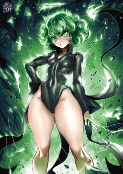 1girl adapted_costume bare_legs black_dress breasts covered_navel cowboy_shot curly_hair curvy debris dress glowing glowing_eyes green_eyes green_hair green_theme hand_on_own_hip highres leotard long_sleeves matching_hair/eyes medium_breasts no_panties one-punch_man parted_lips shiny_clothes shiny_skin short_hair skin_tight solo standing tatsumaki the_golden_smurf thick_thighs thighs wide_hips