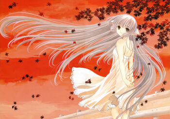 1girl absurdres bra brown_eyes chii chobits clamp clamp_(circle) dress falling_leaves fence frilled_dress frills grey_hair hair_tubes highres leaf long_hair non-web_source official_art red_sky red_theme see-through_clothes see-through_dress sky solo traditional_media underwear very_long_hair white_dress