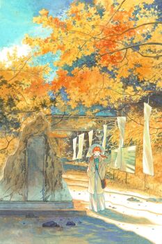 Rule 34 | 1girl, 9484gu, ahoge, aqua shirt, autumn, autumn leaves, bag, black bag, chinese commentary, closed eyes, closed mouth, coat, commentary request, day, full body, hat, highres, lapels, leaf, long hair, long skirt, notched lapels, open clothes, open coat, orange hair, original, outdoors, painting (medium), rock, shirt, short hair, shoulder bag, sign, skirt, solo, traditional media, tree, twintails, watercolor (medium), white coat, white hat, white skirt