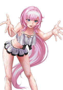 Rule 34 | 1girl, 395z, bikini, bikini skirt, blue eyes, breasts, cleavage, commentary, dated commentary, elf, elysia (honkai impact), elysia (miss pink elf) (honkai impact), elysia (summer miss elf) (honkai impact), english commentary, hairband, highres, honkai (series), honkai impact 3rd, large breasts, long hair, looking at viewer, midriff, navel, official alternate costume, open mouth, paid reward available, pink hair, pointy ears, simple background, solo, swimsuit, thighs, very long hair, white background, white bikini, white hairband