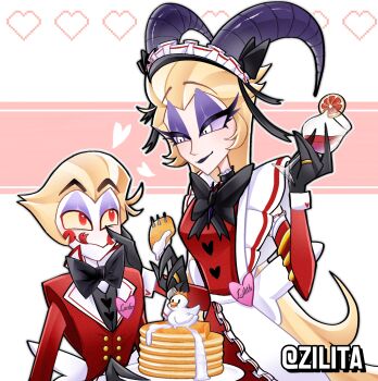 Rule 34 | 1boy, 1girl, blonde hair, blush stickers, couple, demon boy, demon girl, english text, hair slicked back, hazbin hotel, hellaverse, hetero, highres, husband and wife, lilith (hazbin hotel), looking at another, lucifer morningstar (hazbin hotel), xinjinjumin363062359589
