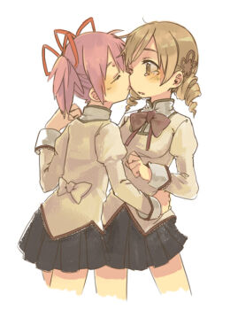 2girls back_bow black_skirt blonde_hair bow bowtie closed_eyes drill_hair hand_on_another&#039;s_waist kaname_madoka kiss looking_at_another mahou_shoujo_madoka_magica mahou_shoujo_madoka_magica_(anime) mitakihara_school_uniform multiple_girls pink_hair puffy_sleeves red_bow red_bowtie school_uniform short_twintails simple_background skirt takishima_asaka tomoe_mami tongue tongue_out twin_drills twintails white_background yuri