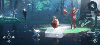 1boy absurdres asteroid_ill backpack bag bird black_pants blurry brown_eyes brown_hair celebi coat commentary_request dappled_sunlight depth_of_field floating forest gen_2_pokemon gen_3_pokemon gen_8_pokemon heads-up_display health_bar highres hisuian_zorua legendary_pokemon light_particles light_rays lily_pad looking_at_another minimap mudkip mythical_pokemon nature nintendo outdoors pants partially_submerged pokemon pond reflection ripples rookidee scenery scizor shoes squatting sunlight surskit translation_request tree user_interface water white_shoes