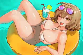 1girl bikini breasts brown_hair floating glass highres large_breasts one_eye_closed open_mouth pool seafoodisgood087 short_hair solo string_bikini sunglasses swimsuit white_bikini yellow_eyes