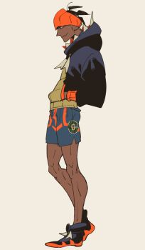 Rule 34 | 1boy, black shoes, blue shorts, commentary request, dark-skinned male, dark skin, earrings, fang, from side, full body, hands in pockets, jewelry, kokujin youhei, male focus, nintendo, pokemon, pokemon swsh, raihan (pokemon), shoes, shorts, skin fang, solo