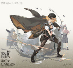 Rule 34 | 1boy, 2girls, absurdres, armband, artist name, bag, battle, belt, big hair, black choker, black footwear, black hat, black panties, black skirt, blonde hair, bodice, boots, breasts, brown armband, brown bag, brown coat, brown gloves, brown pantyhose, cabbie hat, character name, choker, cleavage, closed mouth, coat, coat on shoulders, copyright name, cross-laced footwear, debris, dynamic pose, fp-45 liberator, french flag, girls&#039; frontline, gloves, gun, hair over one eye, handgun, hat, highres, holding, holding gun, holding weapon, jewelry, knee boots, lace-up boots, leather, leather bag, leather boots, leather gloves, legs apart, looking to the side, mai (xskdizzy), medium breasts, medium hair, multiple girls, necklace, open bag, orange eyes, original, panties, pantyhose, paper, pen, popped collar, pouch, projectile trail, shell casing, shirt, side slit, skirt, sleeves rolled up, smoke, smoking barrel, solo focus, sparks, suppressor, thigh belt, thigh pouch, thigh strap, torn clothes, torn pantyhose, underwear, weapon, white shirt, wind, wind lift