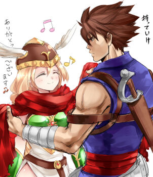 1boy 1girl armor armored_dress blonde_hair braid brown_hair capcom closed_eyes colorized dress green_armor head_wings helmet long_hair muscular musical_note nagare namco ninja project_x_zone project_x_zone_2 scarf strider_(video_game) strider_hiryuu sword translation_request valkyrie valkyrie_(vnd) valkyrie_no_densetsu weapon winged_helmet wings