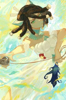 Rule 34 | 1girl, absurdres, animal ears, artist name, bare shoulders, braid, brown hair, commentary request, cowboy shot, dark skin, detached collar, dr. stone, dreadlocks, dress, facial mark, green eyes, hair ornament, highres, holding, holding weapon, kirisame (dr. stone), lips, lipstick, looking at viewer, makeup, multiple braids, outstretched arm, pink lips, rope, simple background, solo, turtleneck, turtleneck dress, twitter username, water, weapon, white dress, yu (zatta13chan)