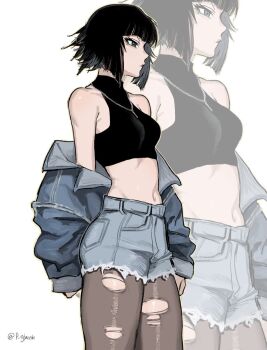 1girl artist_name bare_shoulders black_hair bleach breasts chain chain_necklace crop_top female_focus jacket jeans_shorts jewelry medium_hair navel necklace p_glansk pantyhose simple_background small_breasts solo solo_focus standing stomach sui-feng torn_clothes torn_legwear torn_pantyhose white_background