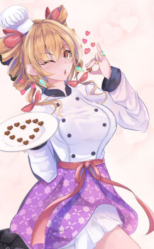 1girl apron bow breasts brown_eyes brown_hair candy chef chef_hat chocolate chocolate_heart commentary_request drill_hair earrings food hair_bow hat heart heart-shaped_food holding holding_plate jewelry large_breasts looking_at_viewer mini_chef_hat mini_hat multiple_hair_bows multiple_rings niradama_(nira2ratama) one_eye_closed open_mouth plate red_bow revision ring solo touhou twin_drills valentine waist_apron waist_bow white_background yorigami_jo'on