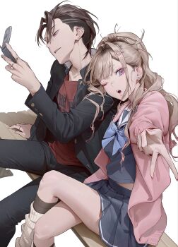 1boy 1girl :o absurdres arm_support bench black_jacket black_pants black_socks blonde_hair blue_ribbon brother_and_sister brown_hair cardigan crossed_legs curly_hair fingernails grey_shirt grey_skirt gyaru_v hands_up highres hvvvzzz jacket leg_warmers long_hair long_sleeves looking_at_phone looking_at_viewer messy_hair midriff_peek miniskirt one_eye_closed open_mouth original pants phone pink_cardigan pink_nails pleated_skirt purple_eyes red_shirt ribbon shirt short_hair siblings side_part simple_background sitting skirt socks teeth upper_teeth_only v white_background white_leg_warmers