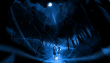 Rule 34 | 1boy, 1girl, absurdres, blue theme, brother and sister, commentary request, dark, forest, highres, hirobakar, holding hands, kagamine len, kagamine rin, lens flare, moon, nature, night, outdoors, scenery, siblings, twins, vocaloid, water